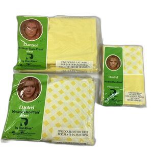 Vtg Dantrel Yellow Double Sheet Set Flat Fitted 2 Cases New Old Stock Dan River